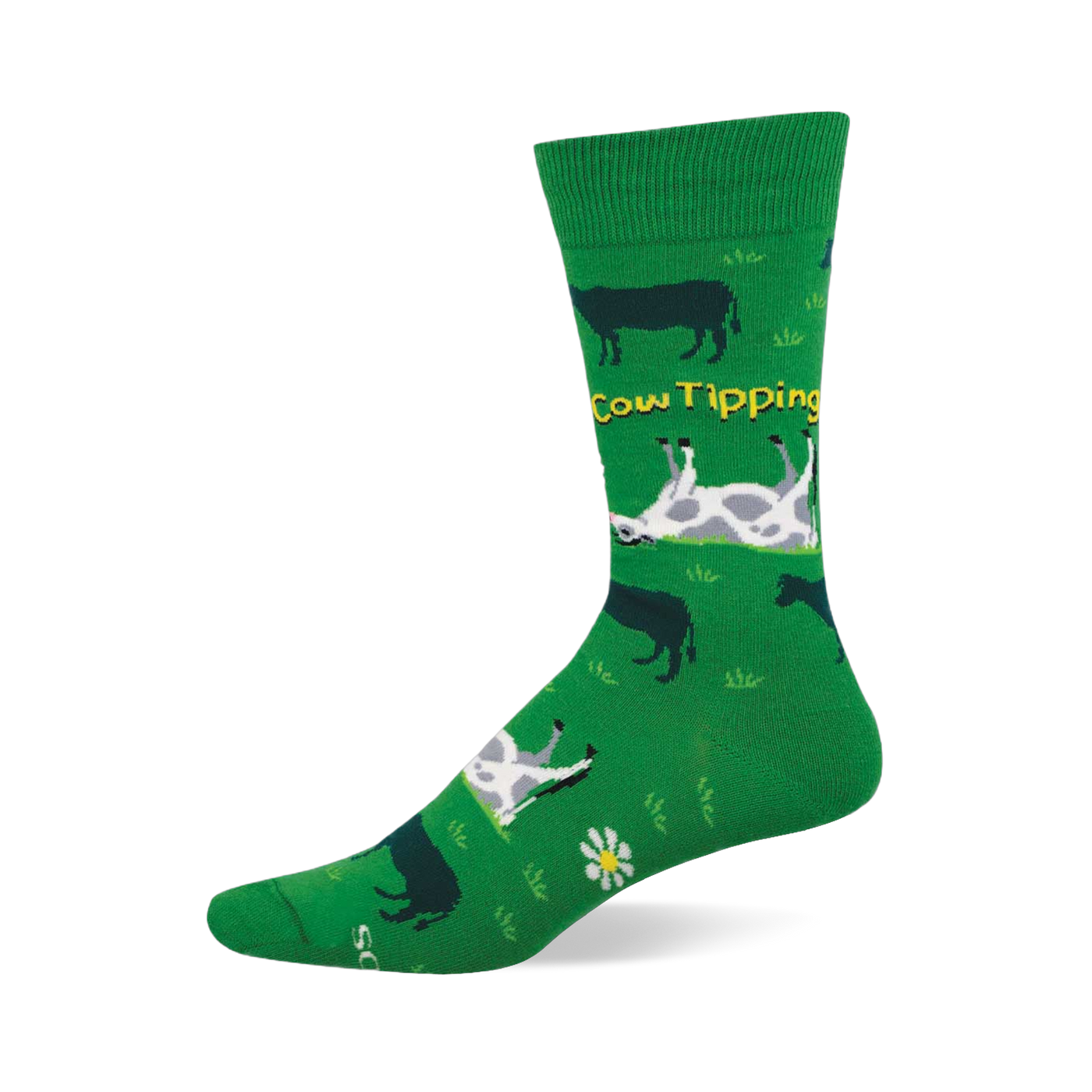 Green crew sock with a "Cow Tipping" design. Features dark silhouette cows, white and grey spotted upside-down cows, yellow text, and white flowers.