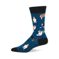 Blue crew socks with multiple Australian Shepherd dogs in different poses and small black paw prints. Black cuff, heel, and toe.