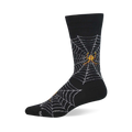 Black crew socks showing white spider webs and yellowish-brown spiders on the calf and foot.