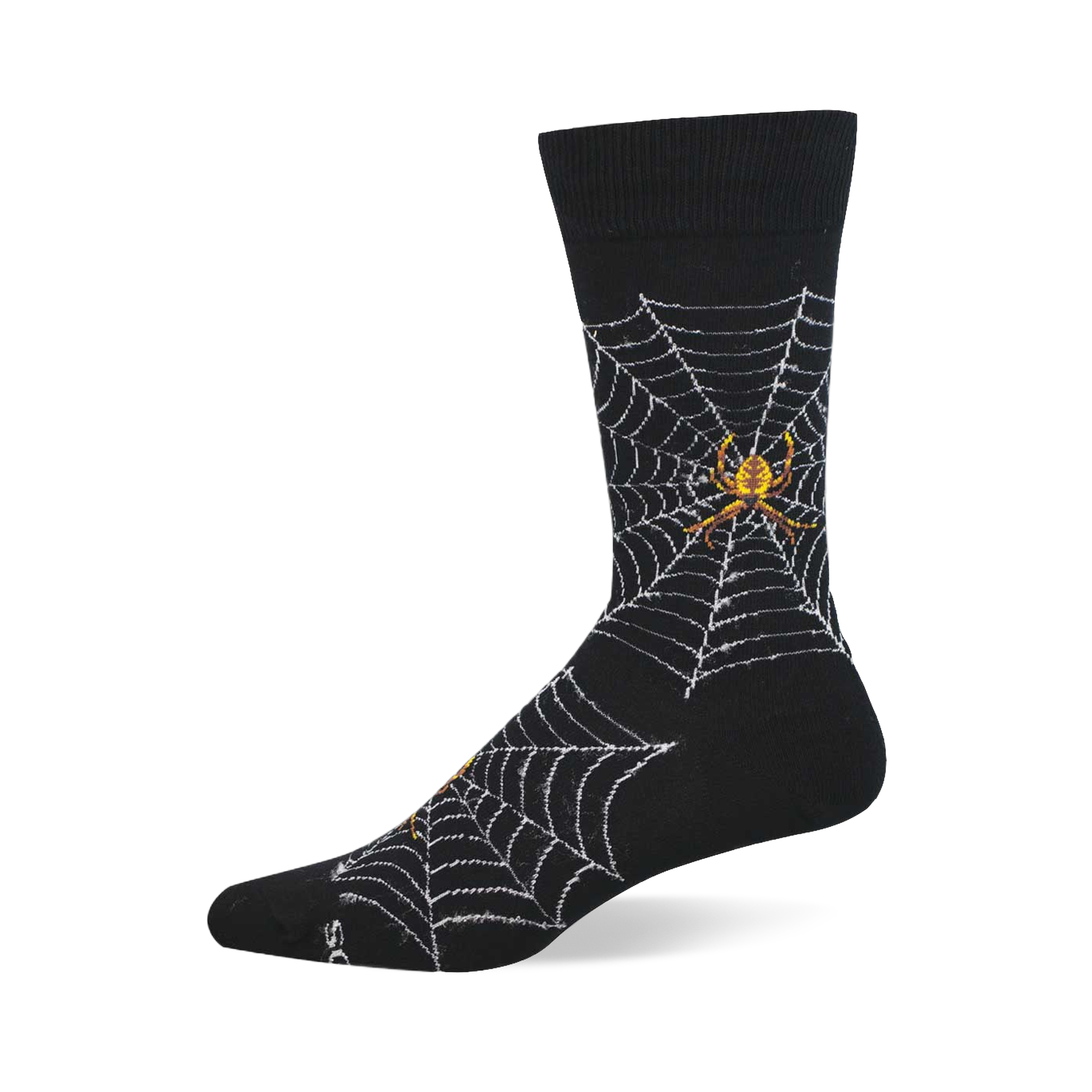 Black crew socks showing white spider webs and yellowish-brown spiders on the calf and foot.