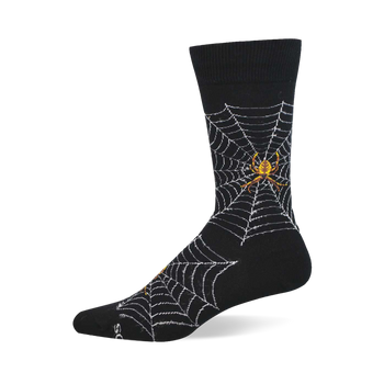 Black crew socks showing white spider webs and yellowish-brown spiders on the calf and foot.