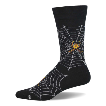 Black crew socks showing white spider webs and yellowish-brown spiders on the calf and foot.
