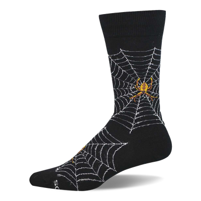 Black crew socks showing white spider webs and yellowish-brown spiders on the calf and foot.