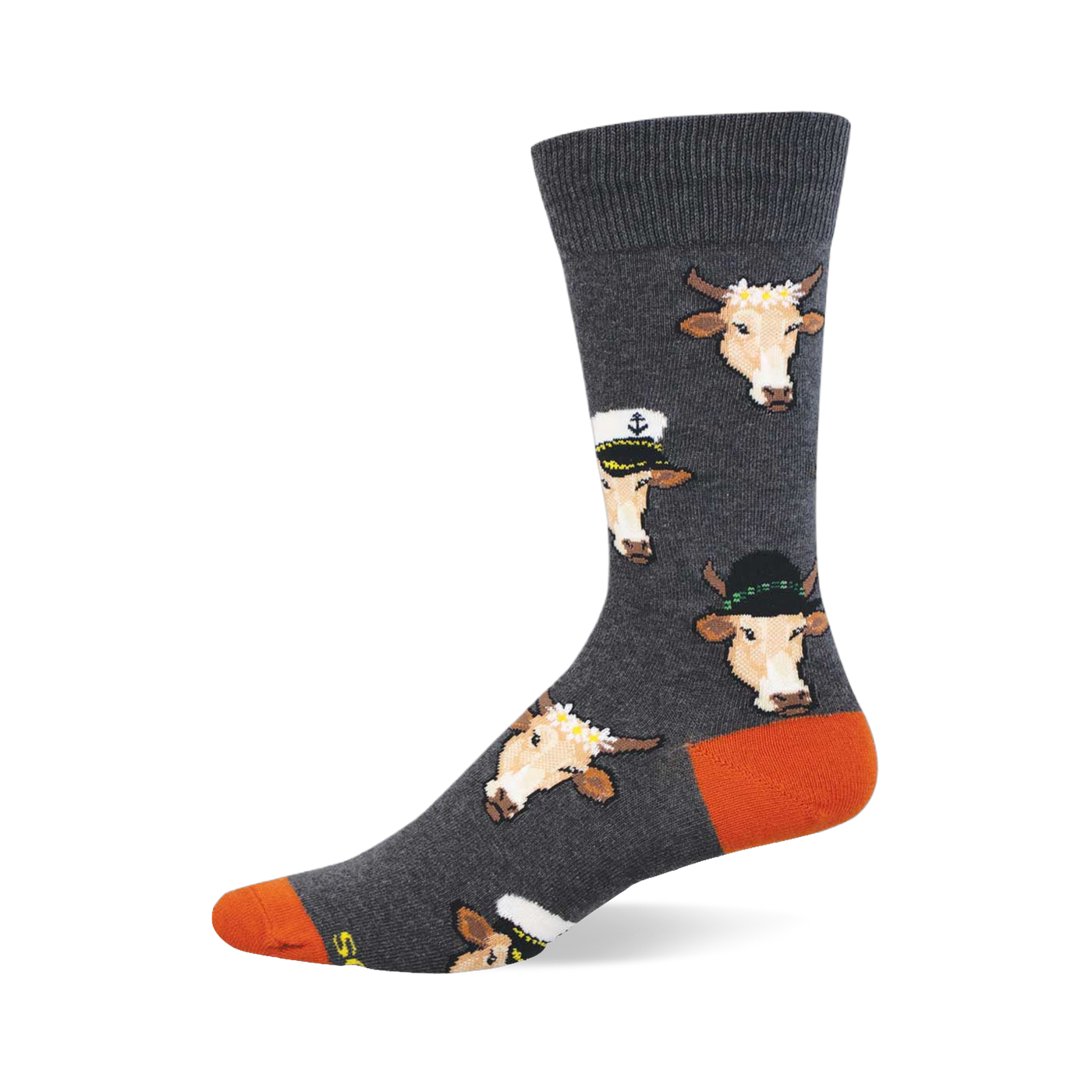 Grey crew socks with repeating pattern of light brown cow faces in sailor hats, fedoras, and flower crowns. Orange heel and toe.