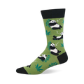 A single crew sock featuring black and white pandas smoking with cannabis leaves on a lime green background, black cuff, heel, and toe.