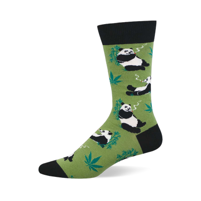 A single crew sock featuring black and white pandas smoking with cannabis leaves on a lime green background, black cuff, heel, and toe.