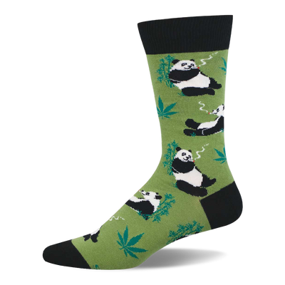 A single crew sock featuring black and white pandas smoking with cannabis leaves on a lime green background, black cuff, heel, and toe.