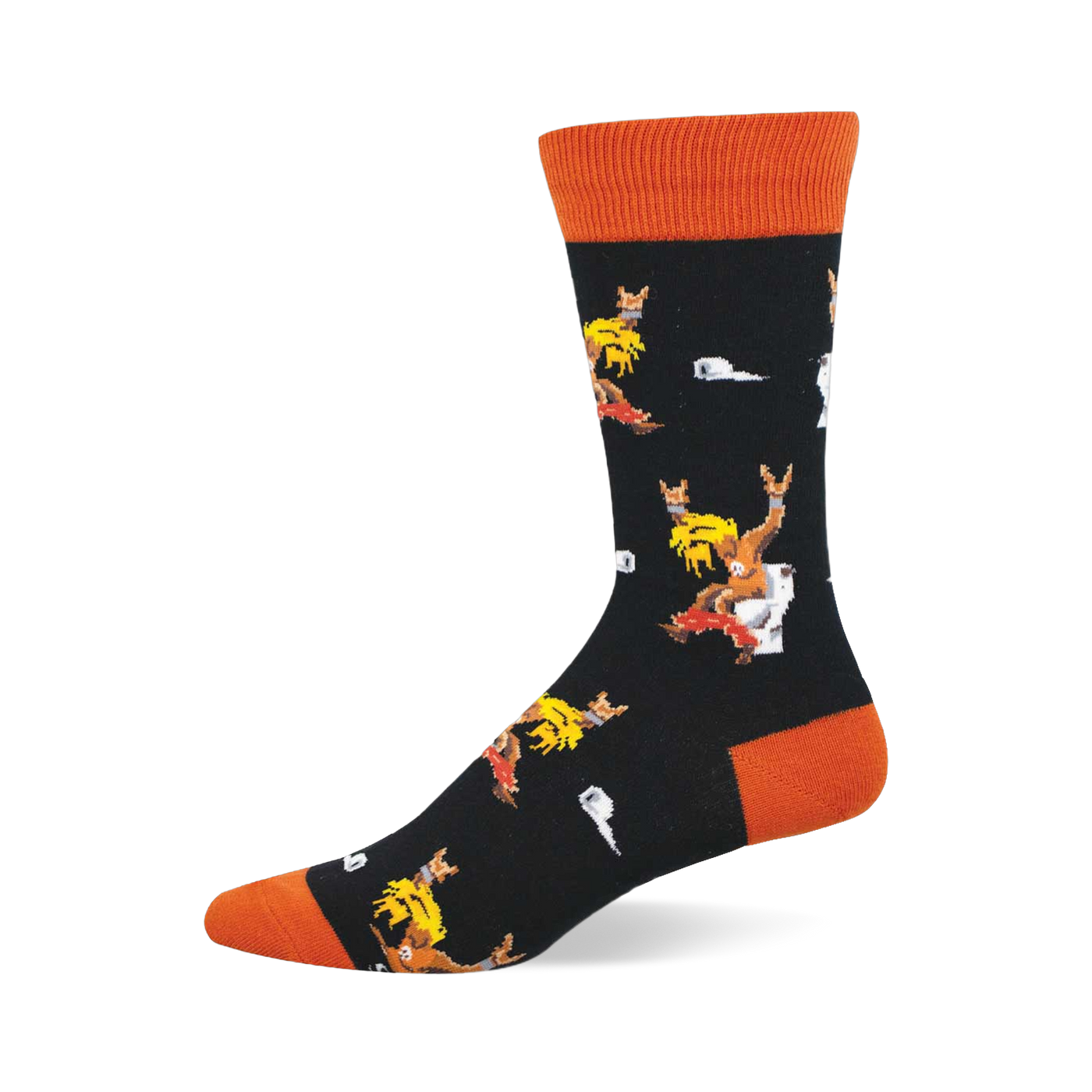 Black crew sock with orange cuff, heel, and toe. Features pixelated blonde-haired figures on toilets with 'rock on' gestures and white toilet paper.