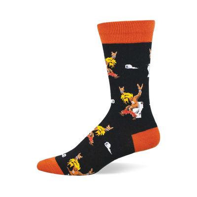 Black crew sock with orange cuff, heel, and toe. Features pixelated blonde-haired figures on toilets with 'rock on' gestures and white toilet paper.