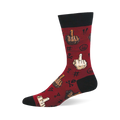 Red crew socks with black cuffs, heel, and toe. Pattern of diverse skin-tone hands making a middle finger gesture.