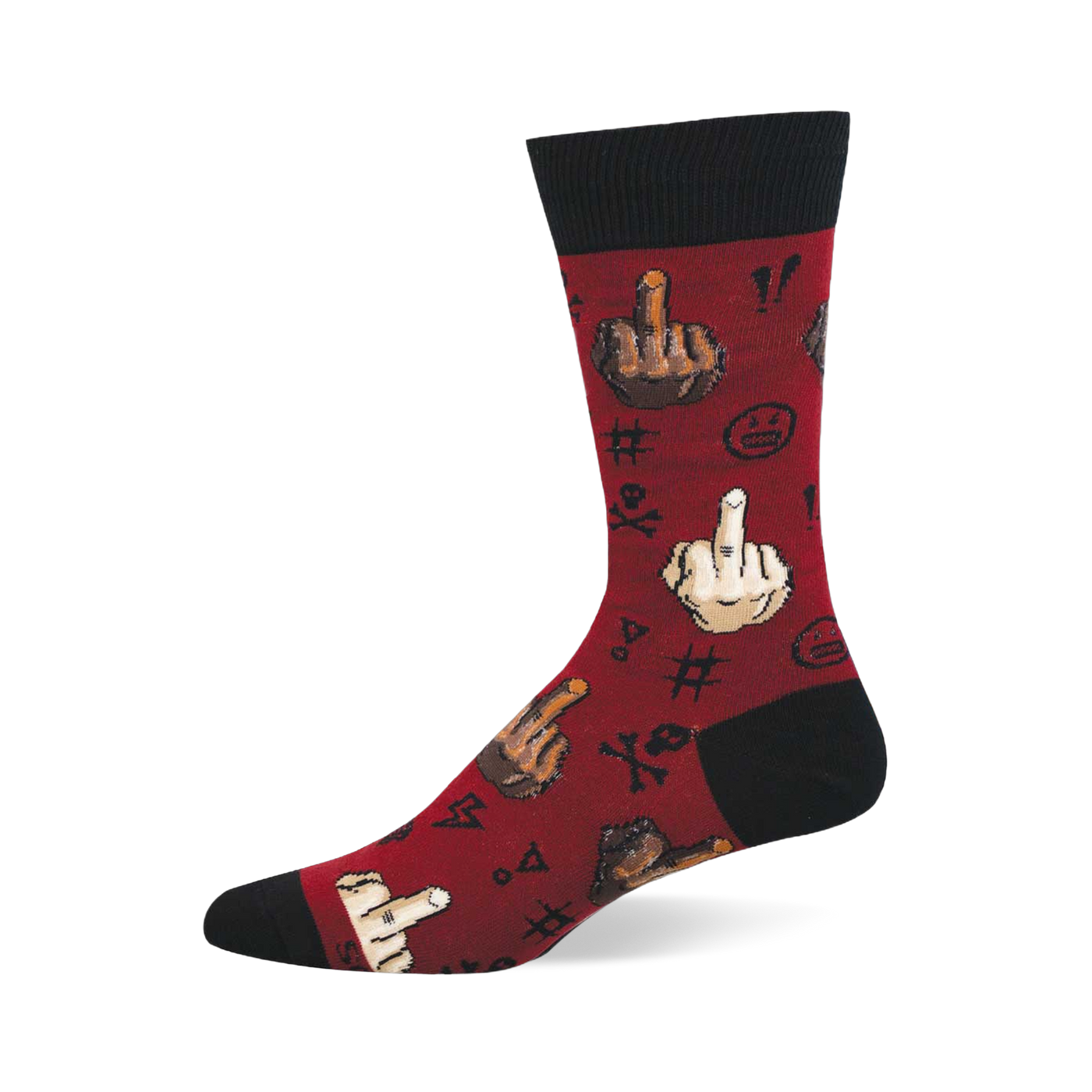 Red crew socks with black cuffs, heel, and toe. Pattern of diverse skin-tone hands making a middle finger gesture.