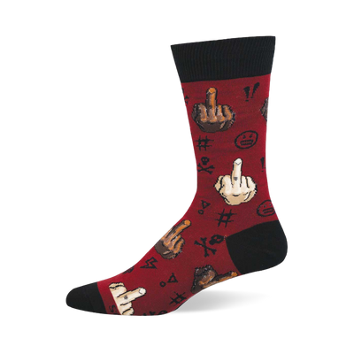 Red crew socks with black cuffs, heel, and toe. Pattern of diverse skin-tone hands making a middle finger gesture.