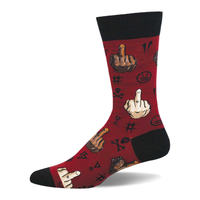 Red crew socks with black cuffs, heel, and toe. Pattern of diverse skin-tone hands making a middle finger gesture.