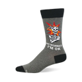 Grey crew sock with black cuff, heel, toe. Design shows a cartoon skeleton with an axe in its head, giving a thumbs-up.