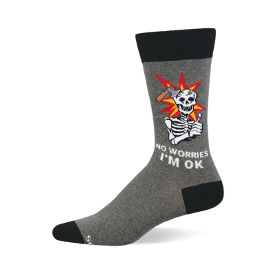 Grey crew sock with black cuff, heel, toe. Design shows a cartoon skeleton with an axe in its head, giving a thumbs-up.