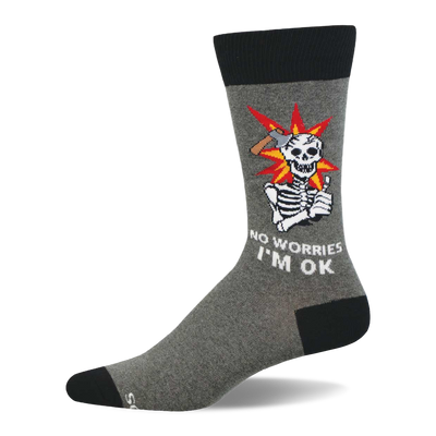 Grey crew sock with black cuff, heel, toe. Design shows a cartoon skeleton with an axe in its head, giving a thumbs-up.
