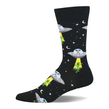 Black crew socks with a repeating pattern of grey UFOs abducting green aliens, with cow heads visible inside the saucers.