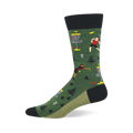 A single dark green crew sock with a black cuff and toe, and olive green heel. Features disc golf players, baskets, and flying discs.