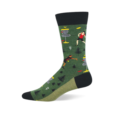 A single dark green crew sock with a black cuff and toe, and olive green heel. Features disc golf players, baskets, and flying discs.
