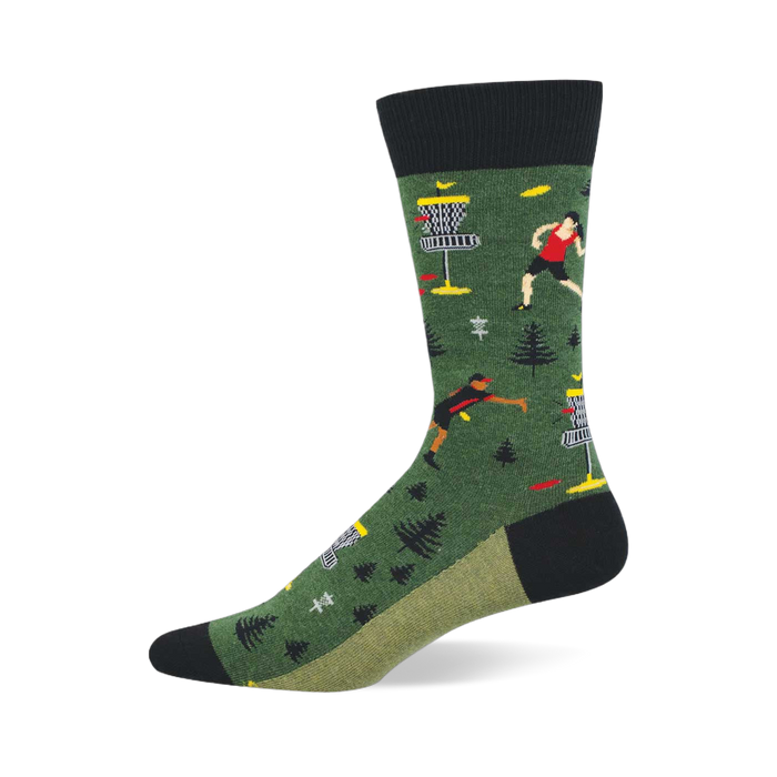 A single dark green crew sock with a black cuff and toe, and olive green heel. Features disc golf players, baskets, and flying discs. }}