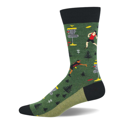 A single dark green crew sock with a black cuff and toe, and olive green heel. Features disc golf players, baskets, and flying discs.