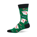 Green crew sock with black cuff, heel, and toe. Features scattered red, blue, and black/white poker chips, plus playing cards with aces of hearts.