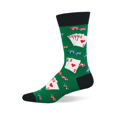 Green crew sock with black cuff, heel, and toe. Features scattered red, blue, and black/white poker chips, plus playing cards with aces of hearts.