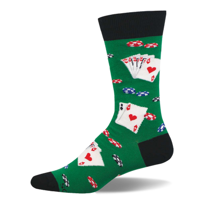 Green crew sock with black cuff, heel, and toe. Features scattered red, blue, and black/white poker chips, plus playing cards with aces of hearts.