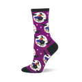 Purple crew sock with black cuff, heel, toe. Features flying witches on brooms in white moons, black bats, and white stars.