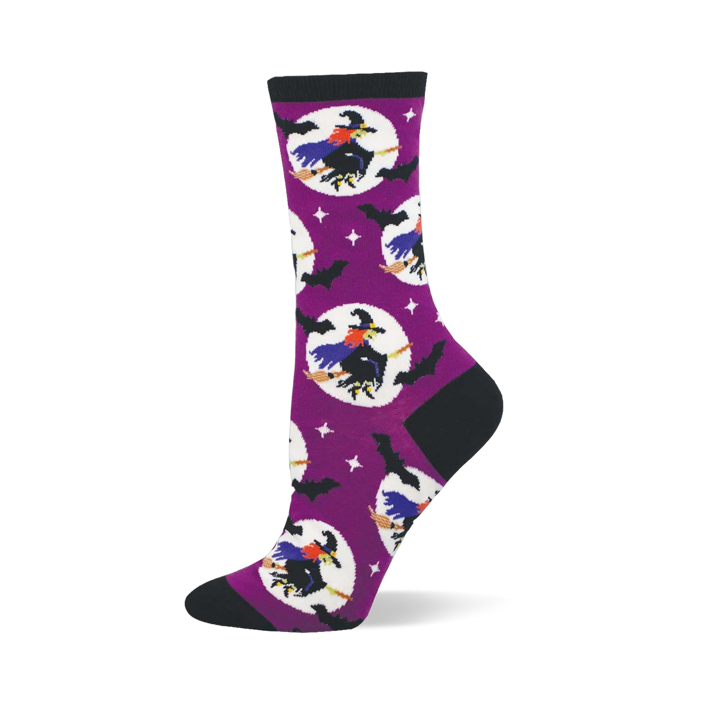 Purple crew sock with black cuff, heel, toe. Features flying witches on brooms in white moons, black bats, and white stars.