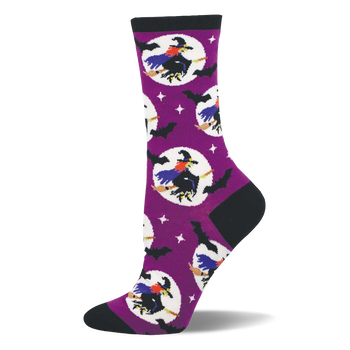 Purple crew sock with black cuff, heel, toe. Features flying witches on brooms in white moons, black bats, and white stars.