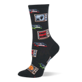 Black crew socks with retro TVs showing 'HORROR', spooky hands, and jack-o'-lanterns, plus VHS tapes with red and green splatters.