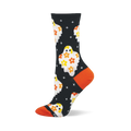 Black crew sock with white flower ghosts, yellow eyes, orange and yellow flowers on body, white cross shapes, and orange heel/toe.