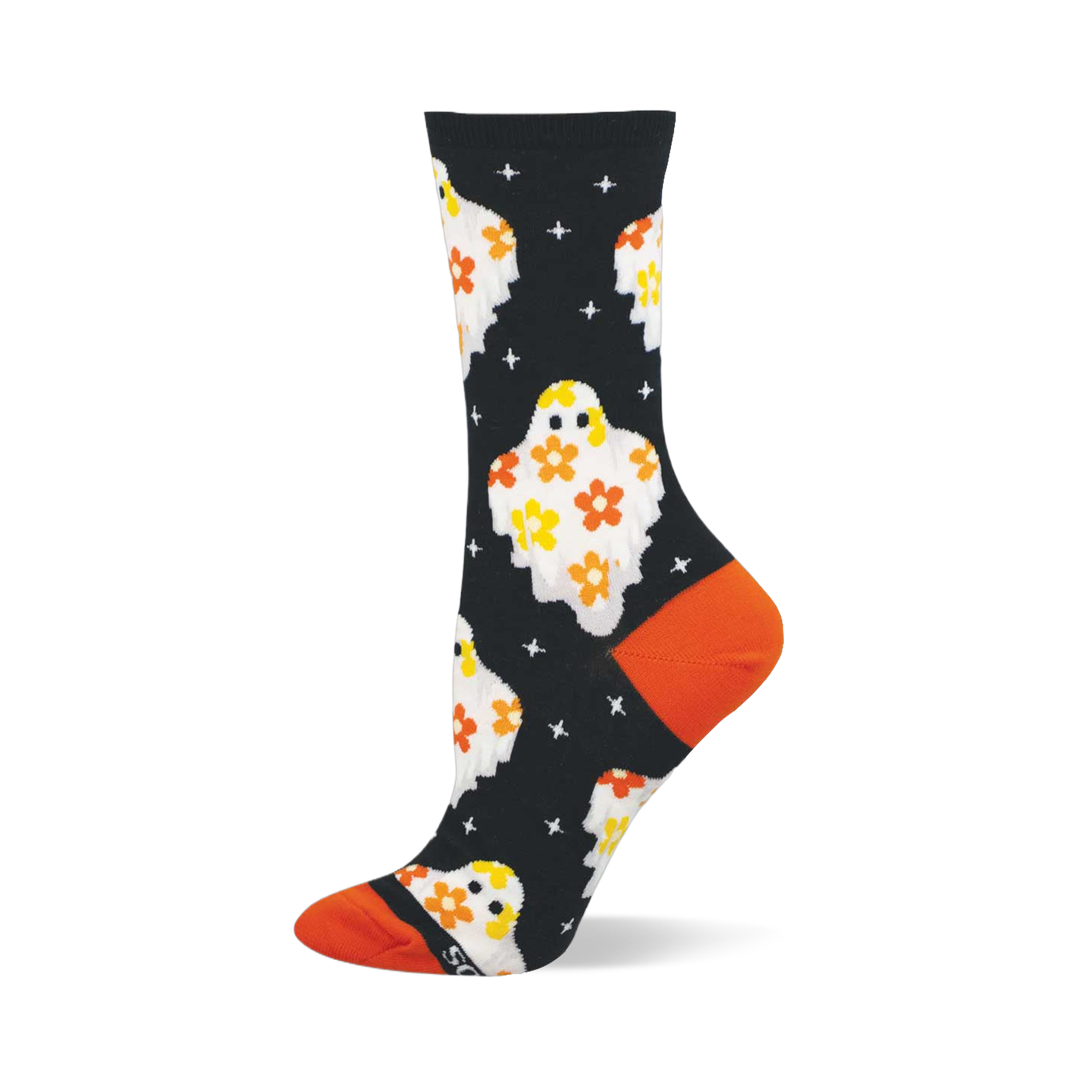 Black crew sock with white flower ghosts, yellow eyes, orange and yellow flowers on body, white cross shapes, and orange heel/toe.