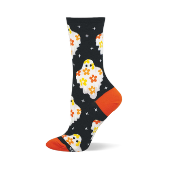 Black crew sock with white flower ghosts, yellow eyes, orange and yellow flowers on body, white cross shapes, and orange heel/toe.