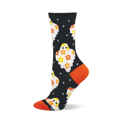 Black crew sock with white flower ghosts, yellow eyes, orange and yellow flowers on body, white cross shapes, and orange heel/toe.