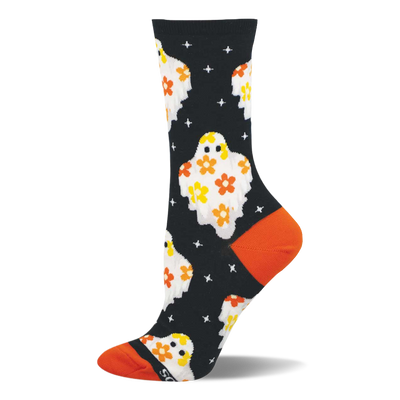Black crew sock with white flower ghosts, yellow eyes, orange and yellow flowers on body, white cross shapes, and orange heel/toe.