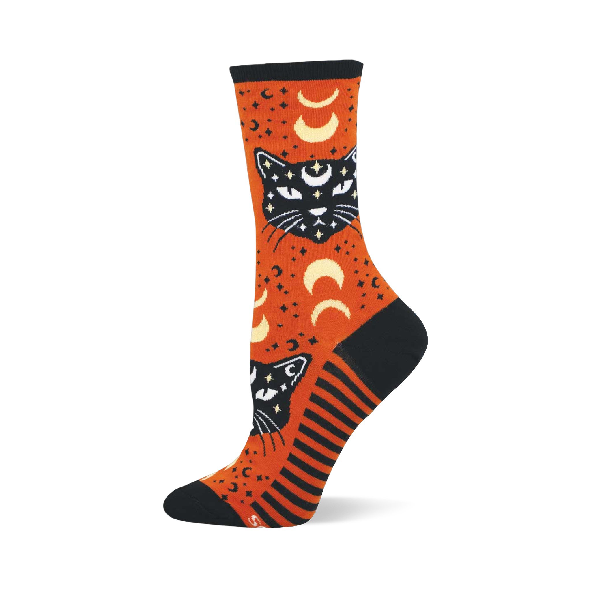 Orange crew sock with black mystic cats, white eyes, crescent moons, and stars. Features black toe, heel, cuff, and striped side panel.