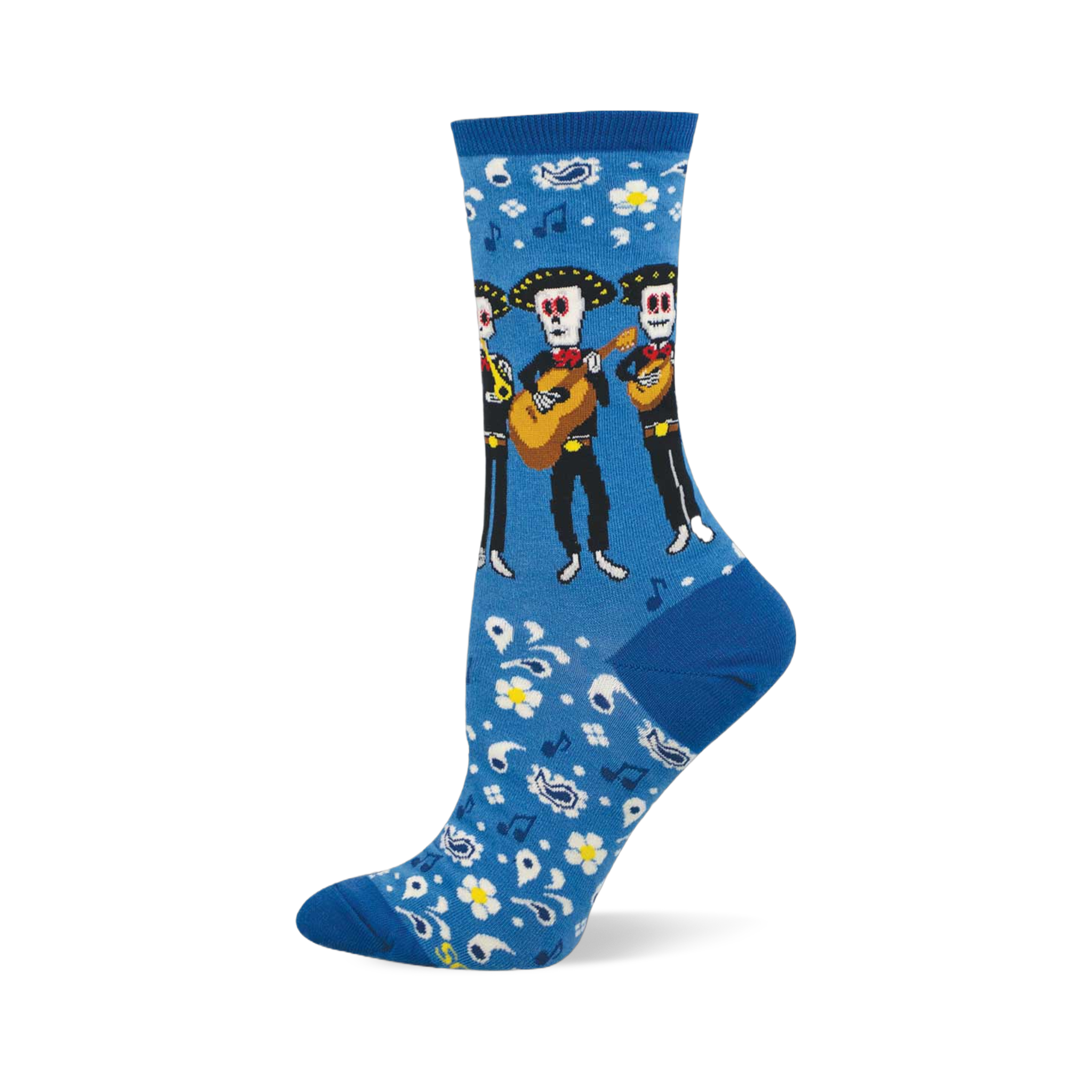 Bright blue crew socks with a pattern of skeleton mariachi musicians, guitars, white flowers, paisley, and music notes.