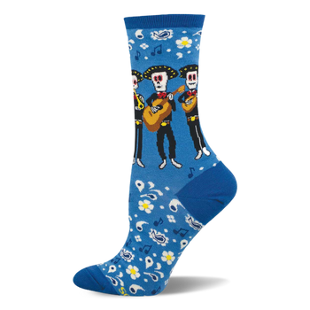 Bright blue crew socks with a pattern of skeleton mariachi musicians, guitars, white flowers, paisley, and music notes.