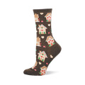 Gingerbread Houses crew sock. Dark brown with festive gingerbread houses, white hearts, and candy cane designs.