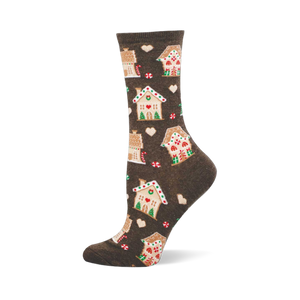 Gingerbread Houses crew sock. Dark brown with festive gingerbread houses, white hearts, and candy cane designs.