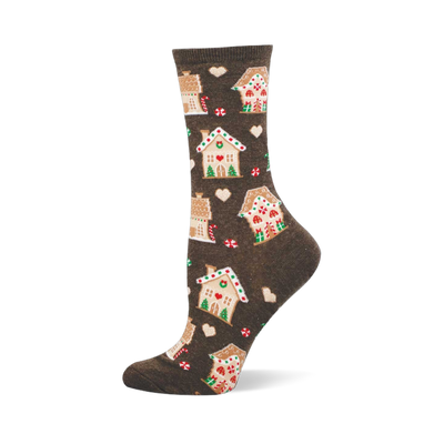 Gingerbread Houses crew sock. Dark brown with festive gingerbread houses, white hearts, and candy cane designs.