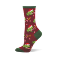 Hoppy Holidays festive sock: green frogs in Santa hats, candy canes, snowflakes on maroon. Green cuff, heel, toe.
