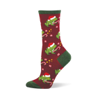 Hoppy Holidays festive sock: green frogs in Santa hats, candy canes, snowflakes on maroon. Green cuff, heel, toe.