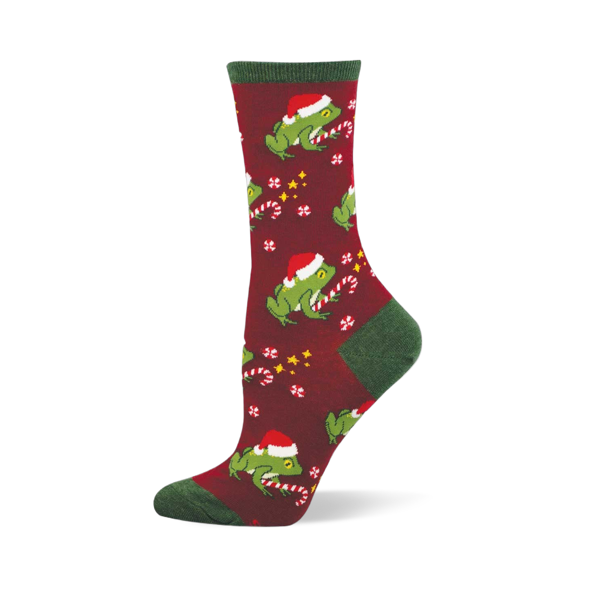 Hoppy Holidays festive sock: green frogs in Santa hats, candy canes, snowflakes on maroon. Green cuff, heel, toe.