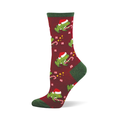 Hoppy Holidays festive sock: green frogs in Santa hats, candy canes, snowflakes on maroon. Green cuff, heel, toe.