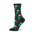 Christmas Pickle socks: Black crew socks with green pickles wearing Santa hats and white snowflakes.