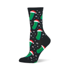 Christmas Pickle socks: Black crew socks with green pickles wearing Santa hats and white snowflakes.