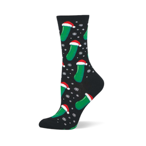 Christmas Pickle socks: Black crew socks with green pickles wearing Santa hats and white snowflakes.